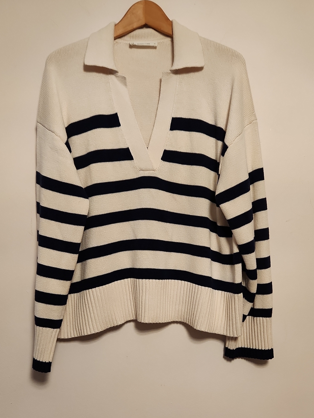 Everlane White & Navy Striped V-Neck Polo Boxy Sweater Size XL